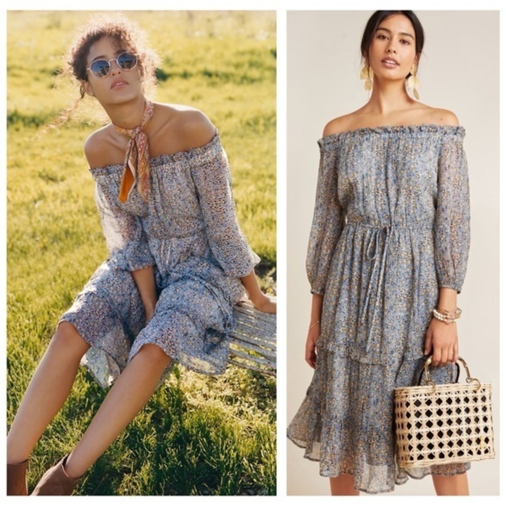 Anthropologie Blue Floral Kira Off-the-Shoulder Peasant Dress 6